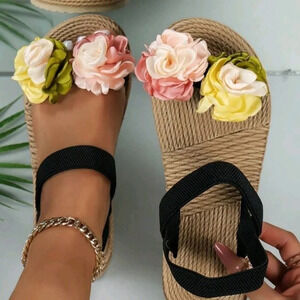 Casual Fashion Flower Flat Slip-Resistant Sandals With Round Toe, Elastic Strap